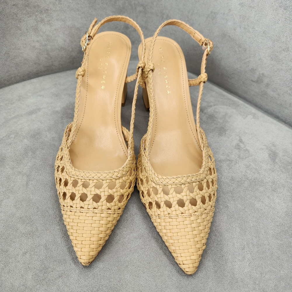 Marc Fisher Slingback Pumps 10 Tan Leather Zunnie Woven Crochet Pointy New $160